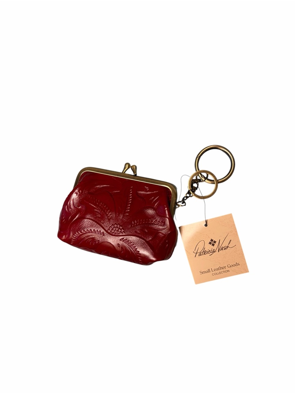 Patricia Nash Ruby Red Tooled Leather Borse Coin Purse Key Chain Charm Kisslock